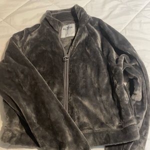 Hollister Zip Up Velour Fleece Jacket Gray small